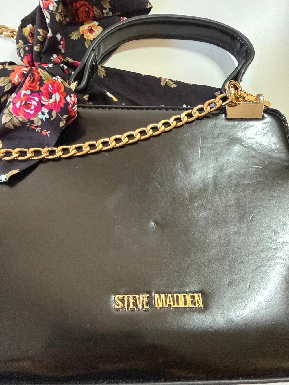 Steve Madden Black Structured Satchel with Gold Chain and Floral Scarf
